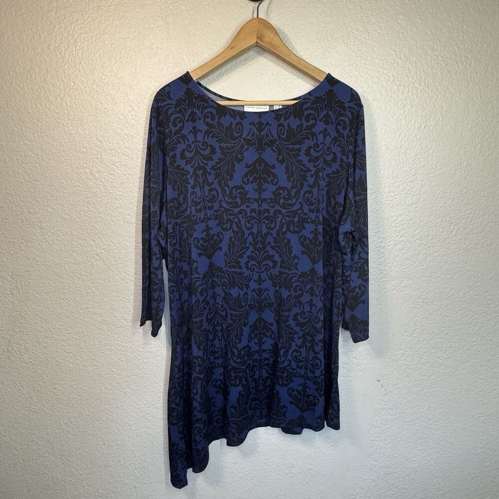 Susan Graver Top Women 2X Blue Liquid Knit Stretch Asymmetrical Hem Work Travel